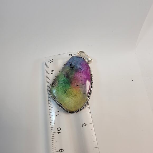 Handmade Fluorite Gemstone Pendant in Sterling Silver Colorful Statement Jewelry - Picture 3 of 10